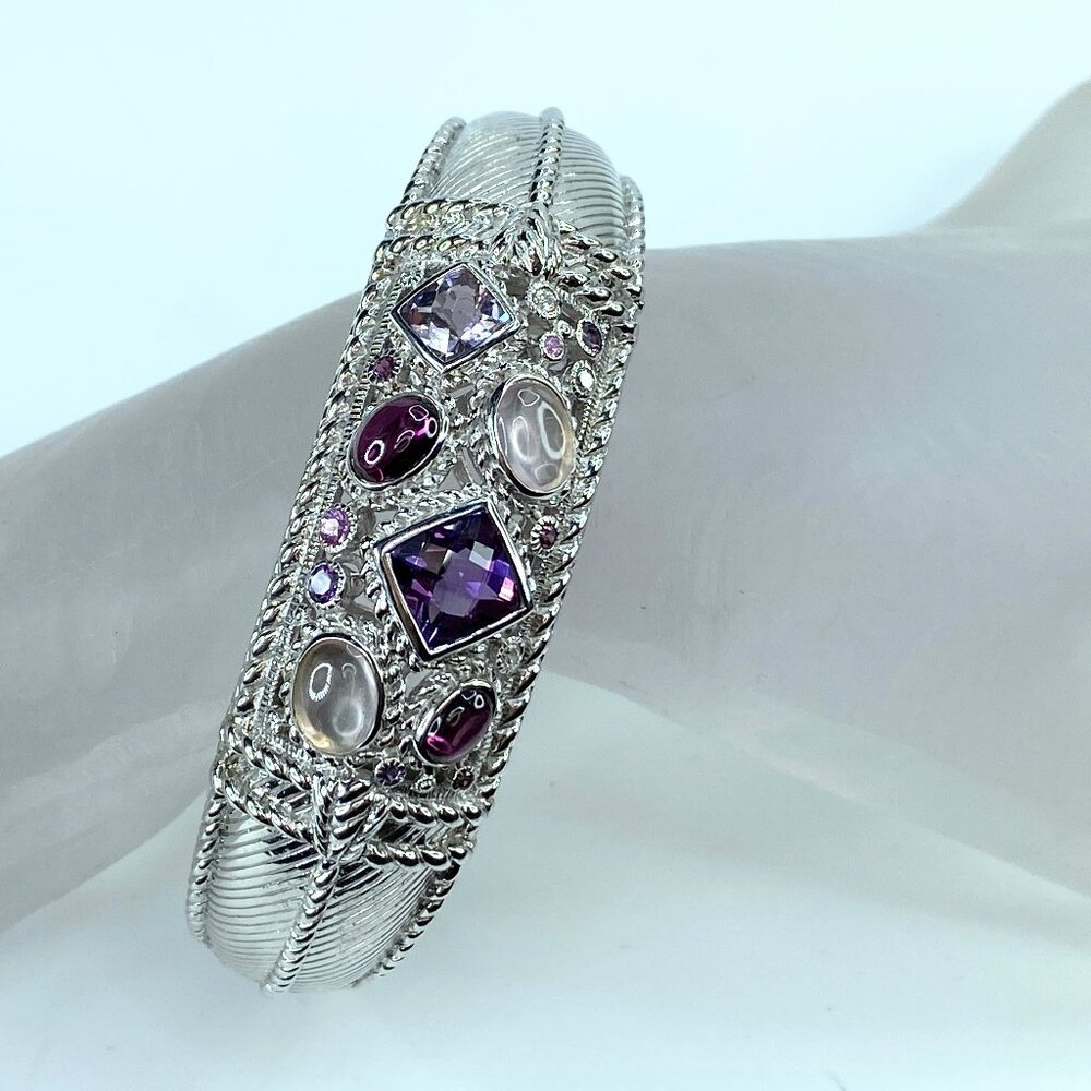 Judith Ripka Sterling Silver Pink/Purple Multi-gemstone cuff Bangle 7.5" JR8743